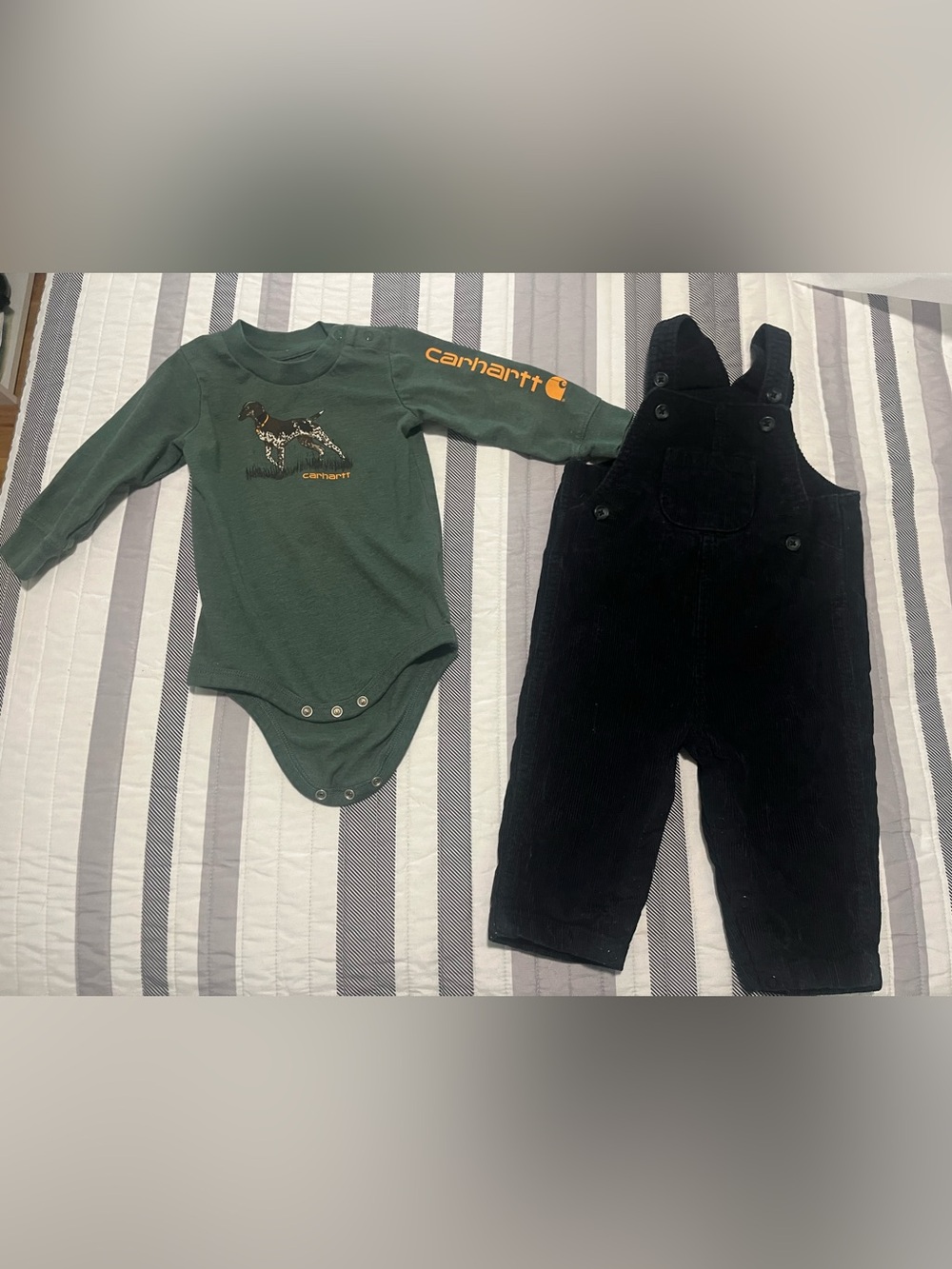 Boys 9 months Carhartt Green Graphic Onesie with Navy Corduroy Overalls